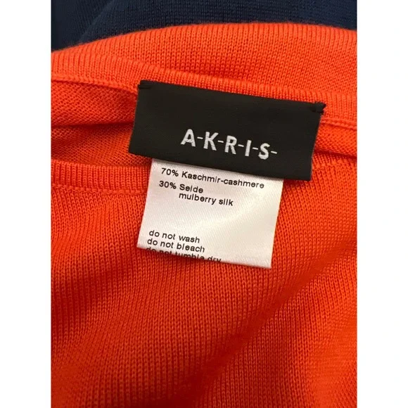 AKRIS Color Block Knit Sweater Orange Green Navy Cashmere Mulberry Silk Size 14